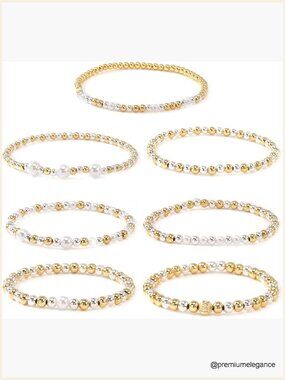 7 Pc Gold Beaded Stretch Bracelet Stack Set Dainty Layered Jewelry Gift
